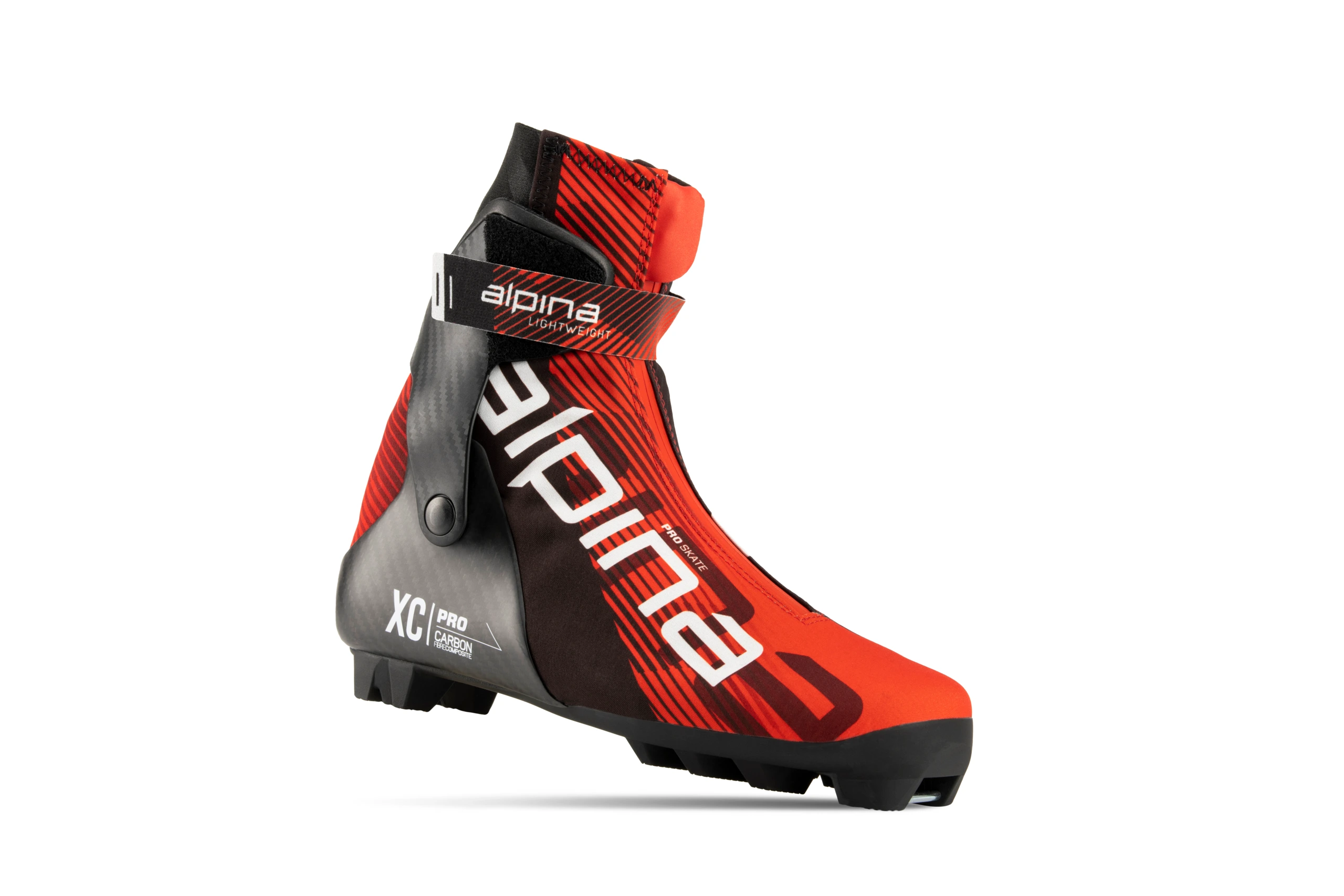 Alpina Elite PRO skate cross-country ski boot on white background, featuring Red Dot | award-winning design, injected carbon ankle support, and dynamic graphic texture.