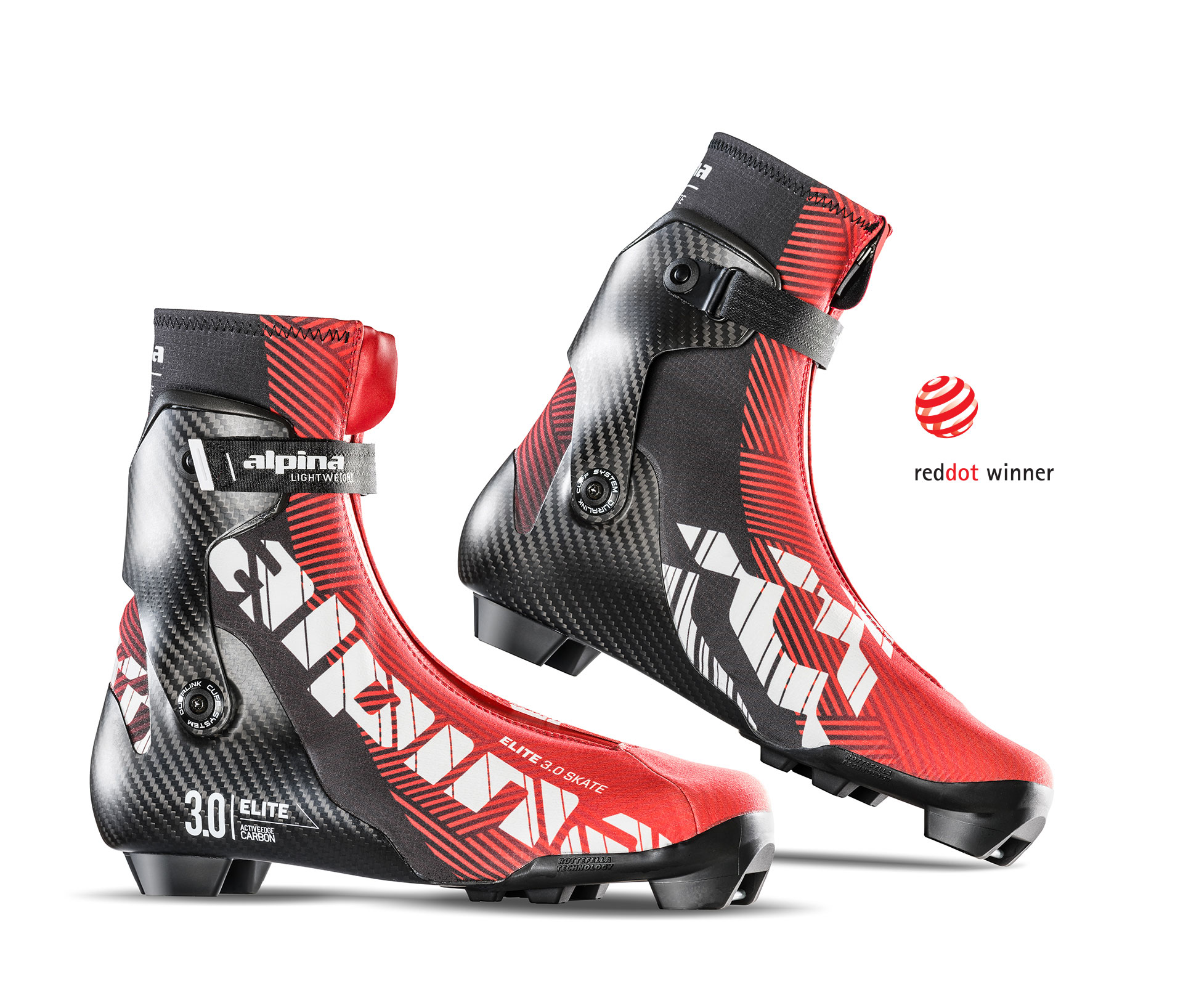 Alpina ELITE 3.0 skate and classic cross-country ski boots on white background, Red Dot Design Award winners, shown in striking black and red color scheme with carbon construction and breathable upper.
