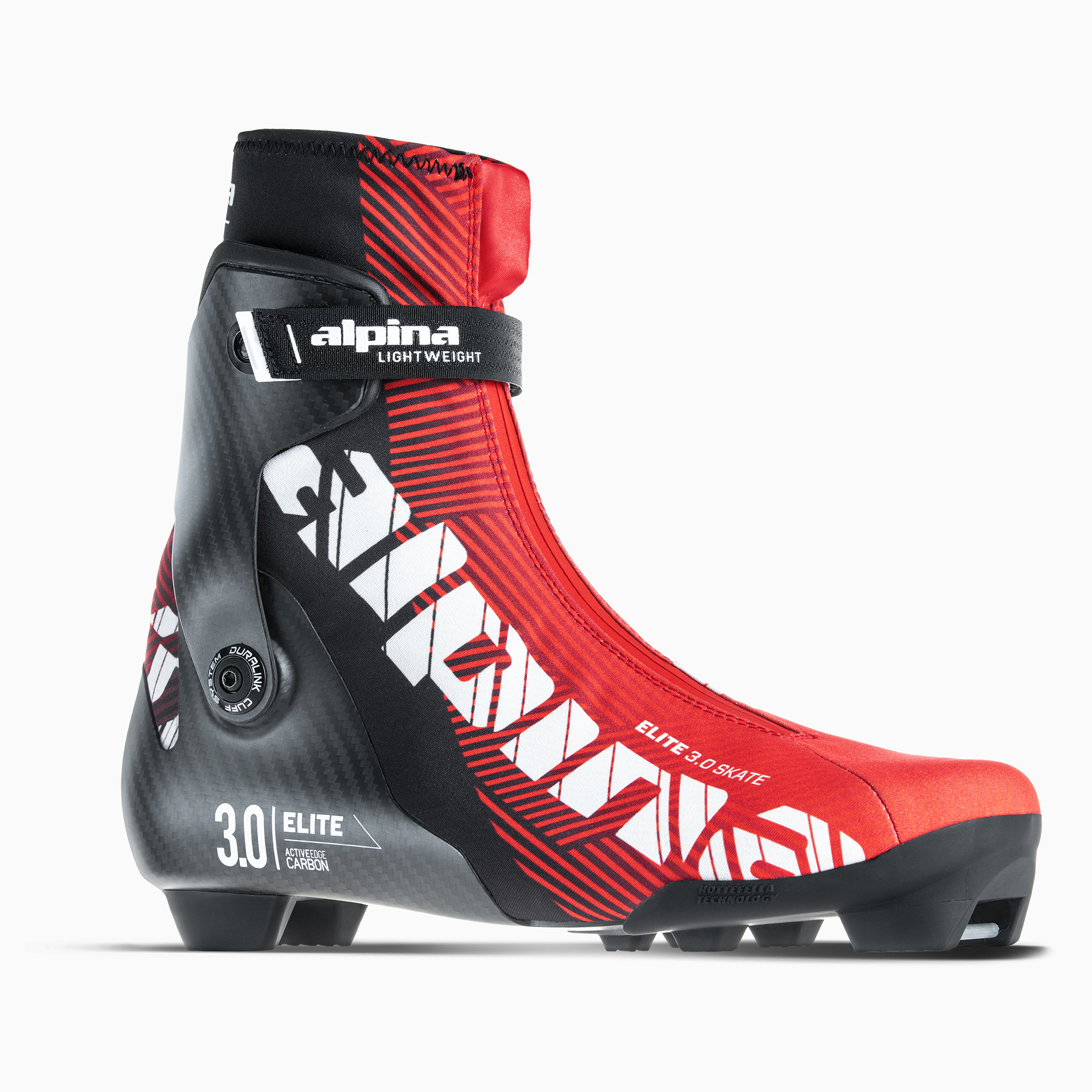 Alpina ELITE 3.0 skate cross-country ski boot on white background, the world’s lightest and most responsive racing boot, featuring carbon fibre structure and breathable upper with iconic graphic identity.