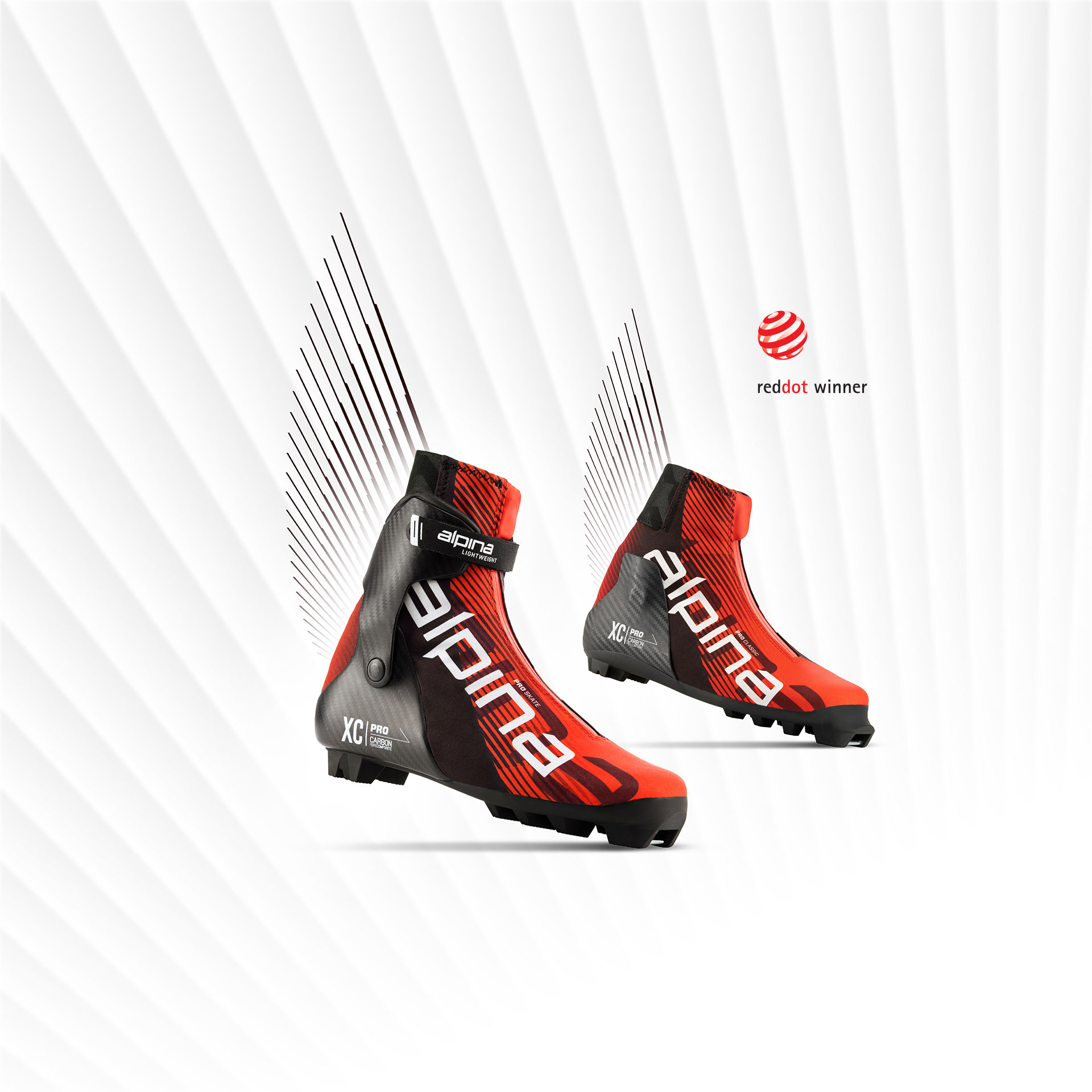 Alpina Elite PRO classic and skate cross-country ski boots set displayed on a graphic background that extends the wing-like pattern from the boot design, featuring Red Dot award-winning aesthetics.
