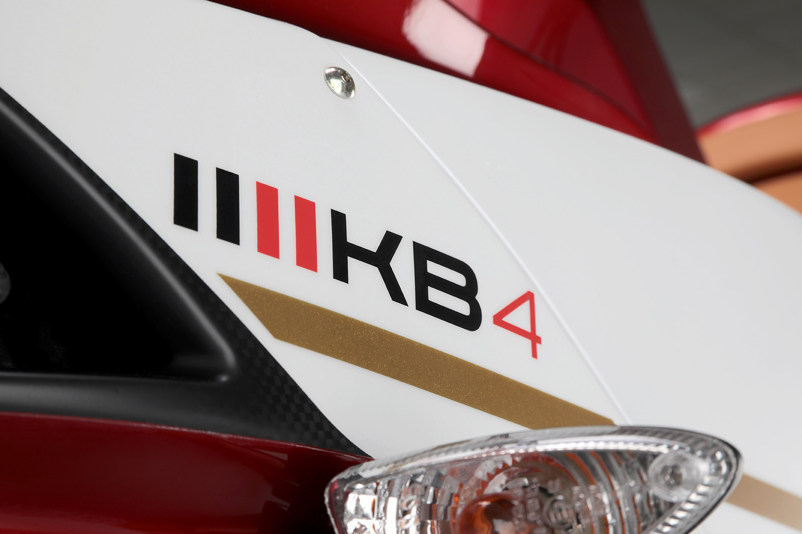 A close up photo of the Bimota KB4 motorcycle decal showing the model name graphics.