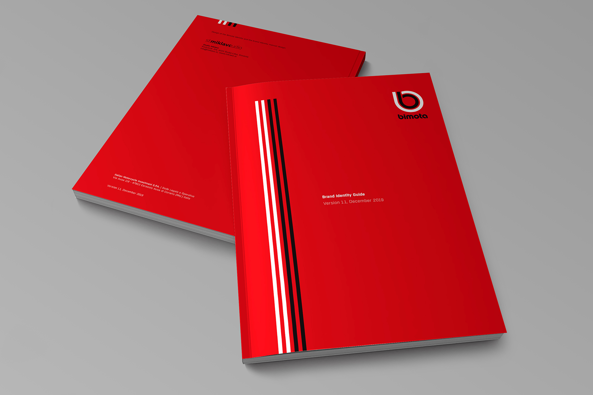 Visualisation of the Bimota motorcycles company corporate brand identity design manual book, showing the front and back cover.