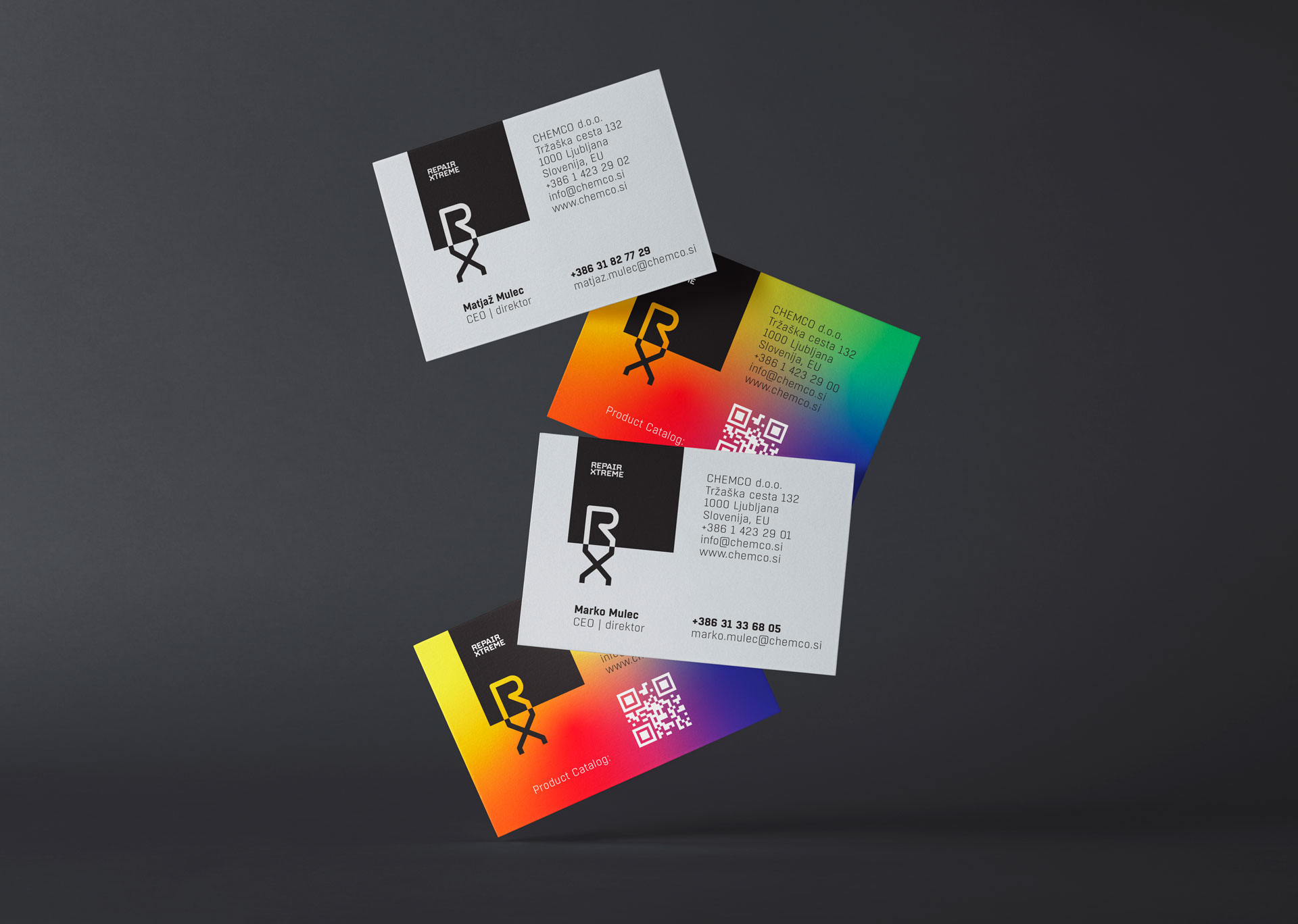 Visualisation of the Chemco RX Repair Xtreme corporate brand identity design use case, showing stationery example: business cards.
