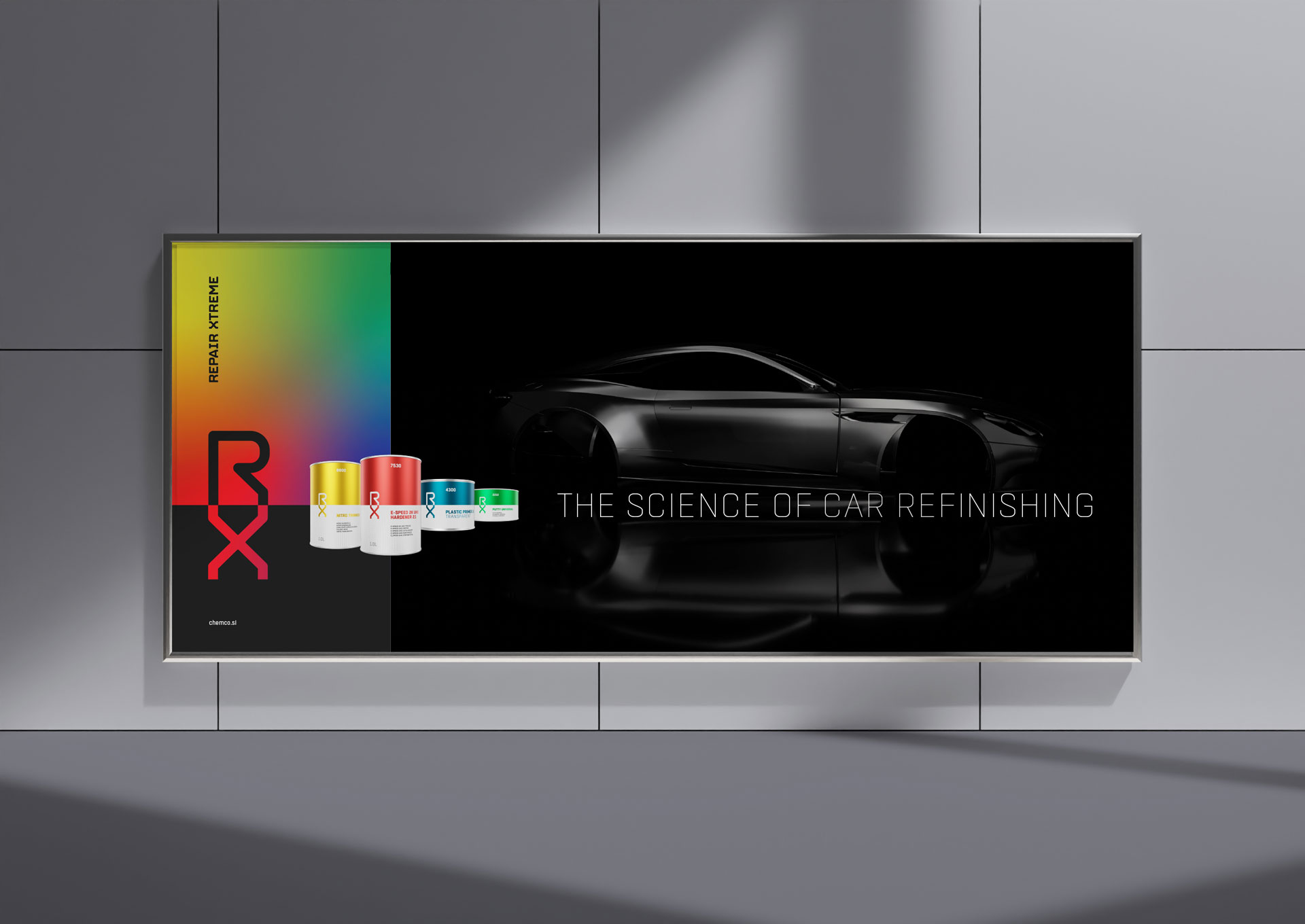 Visualisation of the Chemco RX Repair Xtreme corporate brand identity design use case, showing an example of a jumbo poster design.