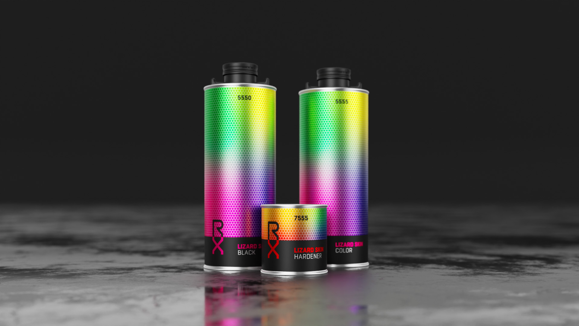 Visualisation of Chemco Repair Xtreme special line of products, the lizard skin line, that fits into the brand identity but is clearly separeted from the classic products.