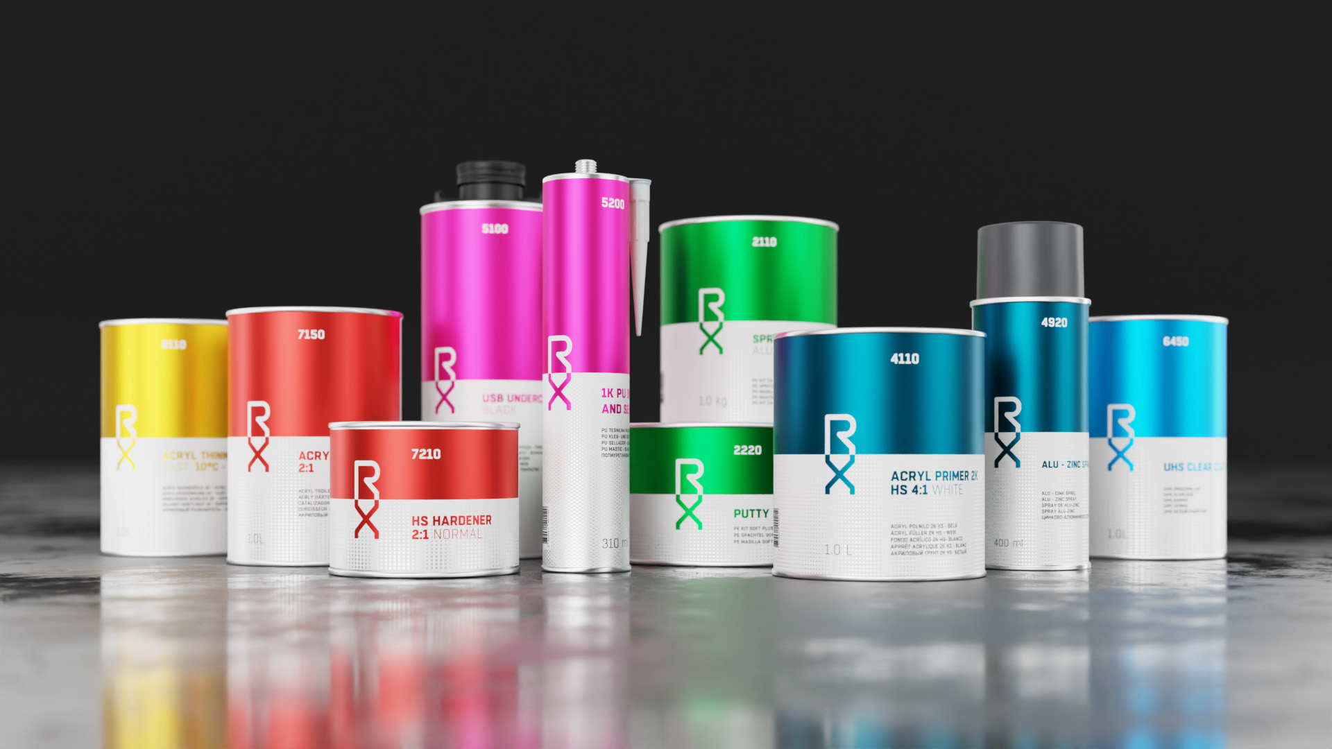 Visualisation of the product family of Chemco Repair Xtreme coatings, showing how the new design ties them together but at the same time clearly distingueshes different use cases within the family.