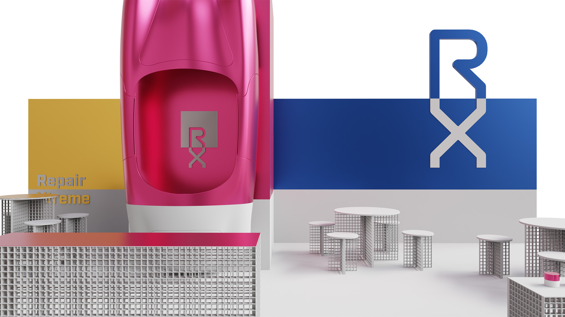 Chemco Repair Xtreme trade fair boot concept computer visualisation on white background, frontal view.