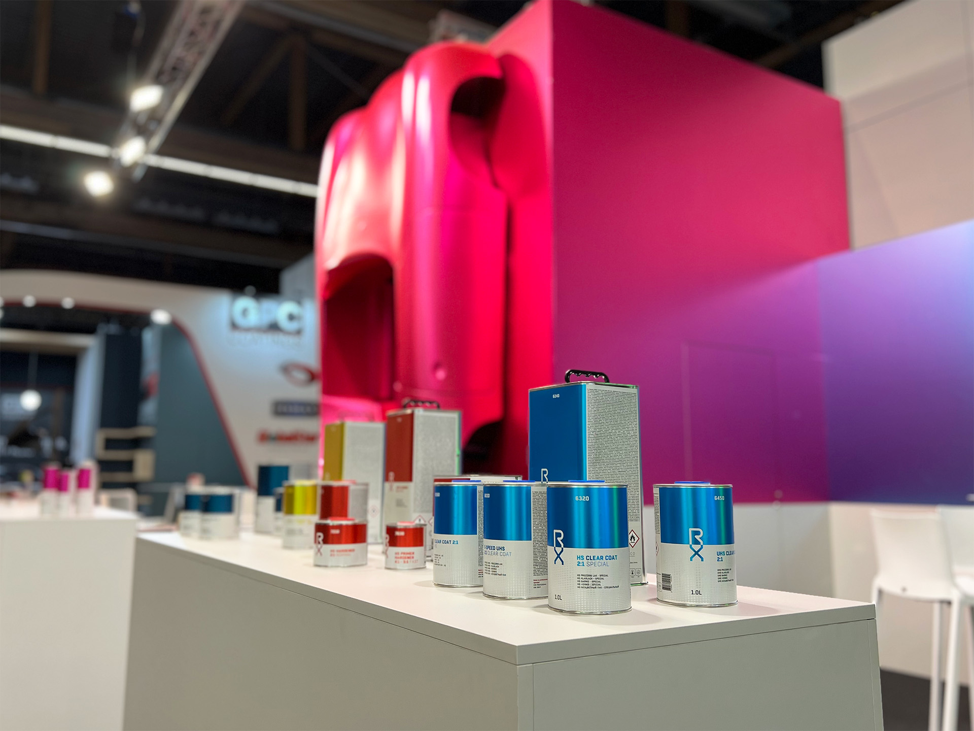 Chemco Repair Xtreme trade fair boot photo at the show, Automechanika Frankfurt 2024, close-up of the table with the new packaging design.