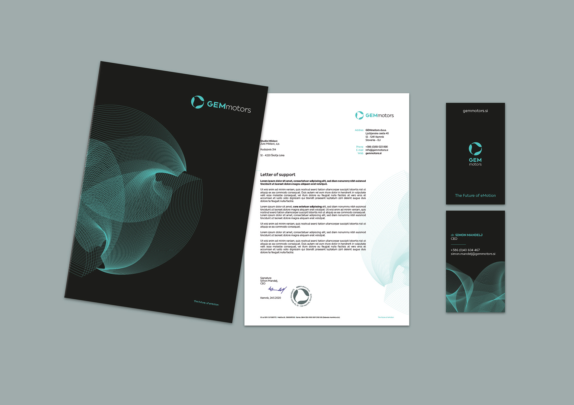GEM Motors visual identity design with branded folder, letterhead, and business cards in a modern turquoise and black theme.