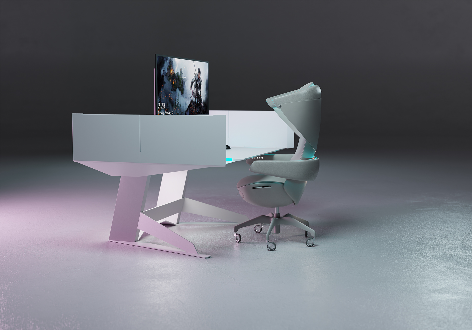 Futuristic gaming workstation setup featuring a sleek angular white desk with integrated RGB lighting and tech docking stations, paired with a sculptural ergonomic chair in soft gray with a high wraparound backrest, adjustable armrests, and a wraparound sound arch at head height with a privacy curtain hanging from it, enhancing immersion and privacy. The desk’s left and right top panels open upward to form vertical side walls, creating a semi-enclosed gaming environment. A large display sits elevated on a raised platform.