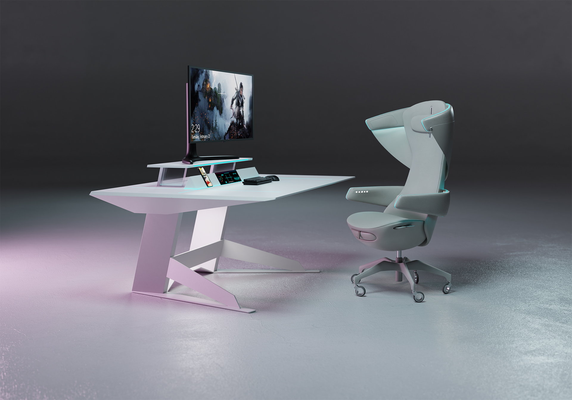 Futuristic gaming workstation setup featuring a sleek angular white desk with integrated RGB lighting and tech docking stations, paired with a sculptural ergonomic chair in soft gray, designed with a high wraparound backrest, adjustable armrests, and a wraparound sound arch at head height that includes a privacy curtain hanging from it, providing enhanced privacy and immersion. Subtle ambient lighting accents complement the setup. A large display sits elevated on a raised platform, completing the immersive, high-performance environment.