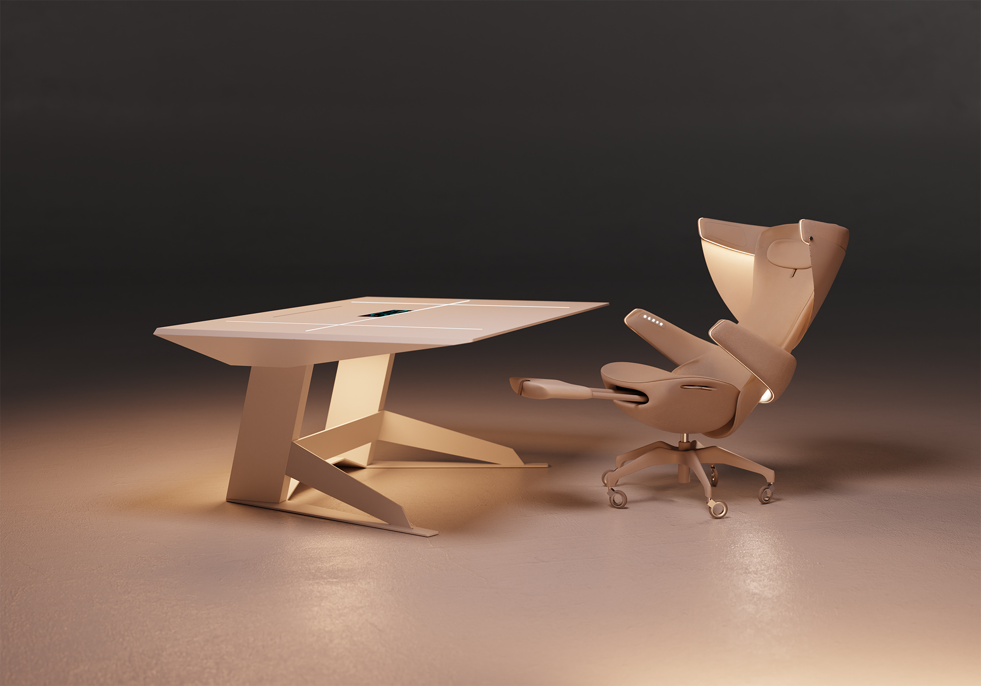 Minimalist relaxation setup featuring a sleek angular white desk with all panels and compartments folded away, transforming into a clean, uninterrupted surface. The built-in display screens remain visible but sit flush with the tabletop, integrated into the folded-down docking area. Paired with a sculptural ergonomic chair in soft gray, reclined into a laid-back position, featuring a wraparound sound arch at head height with a privacy curtain hanging from it, enhancing comfort and seclusion. Surrounded by warm ambient lighting, the setup emphasizes calm and comfort within a futuristic design aesthetic.