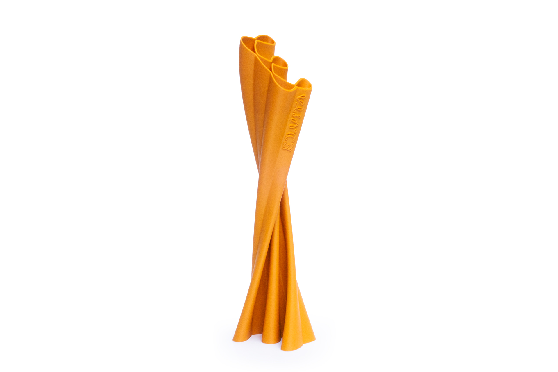 3D printed ED.VITA trophy in sustainable PLA-wood composite, suitable for industrial composting, featuring extruded logo form with rotation, elegant, lightweight, and prestigious design for the Sustainability in Education Award.