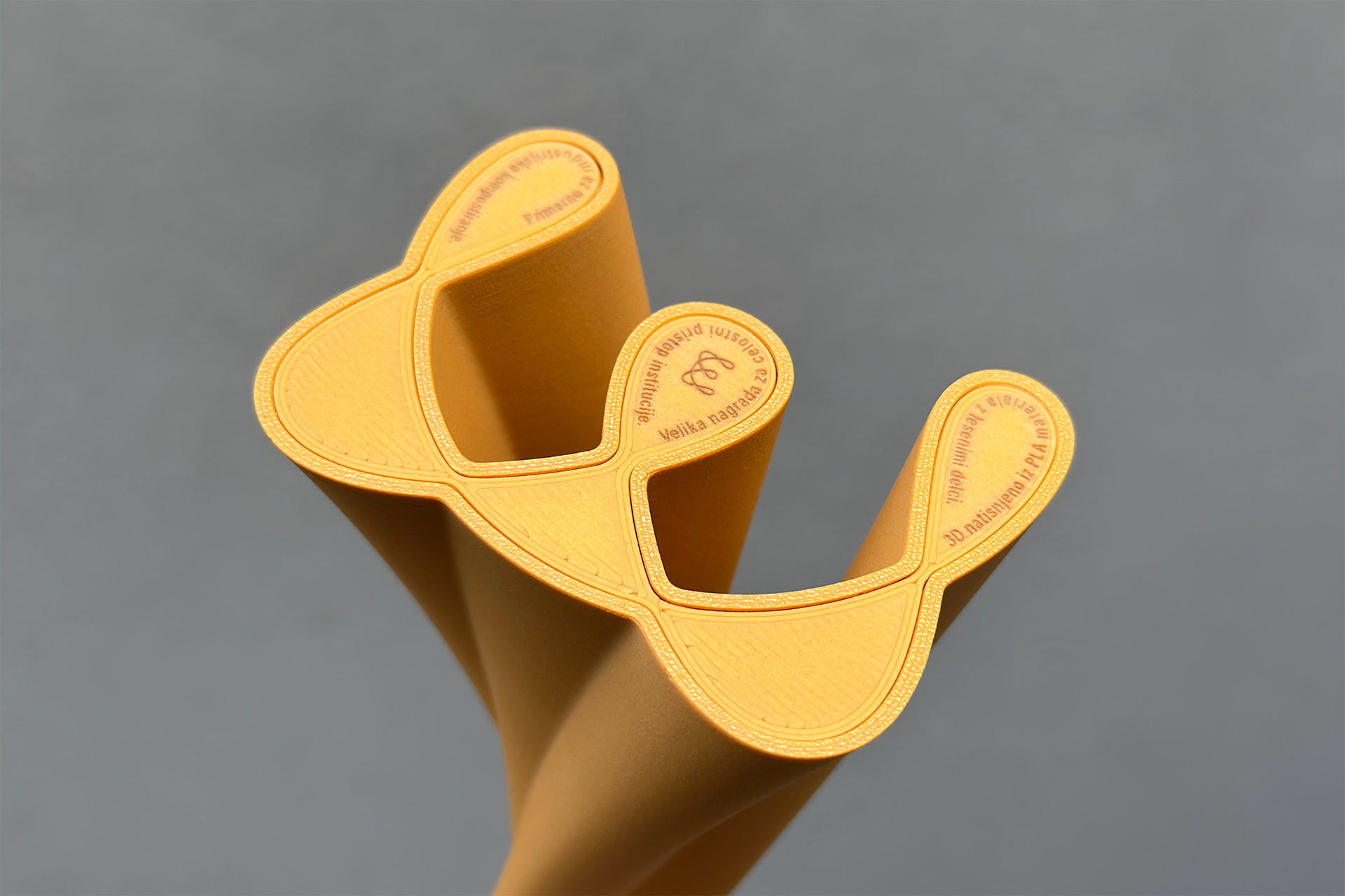 Bottom view of 3D printed ED.VITA trophy featuring laser inscription on the importance of the Sustainability in Education Award and composting instructions, reflecting responsible and sustainable design.