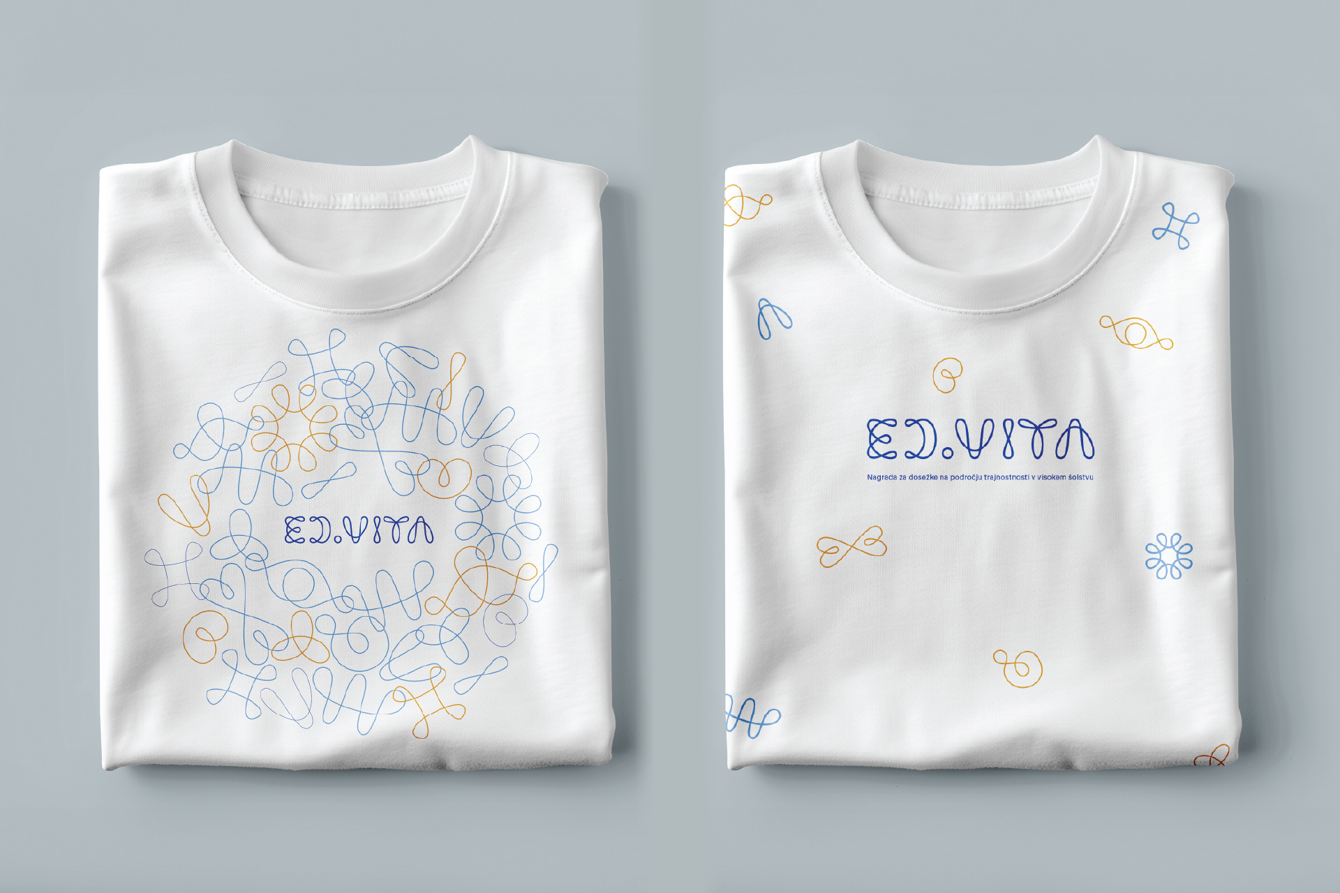White T-shirts featuring ED.VITA typographic logo surrounded by line illustrations of award themes, displayed in two variations of graphic layout emphasising sustainable design.
