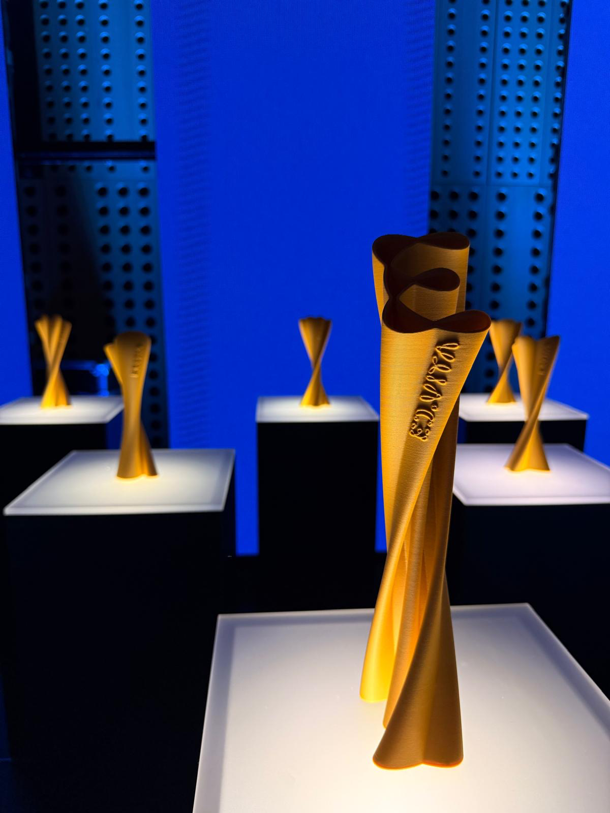 A photo of 3D printed ED.VITA trophies on display at the Sustainability in Education Award ceremony.