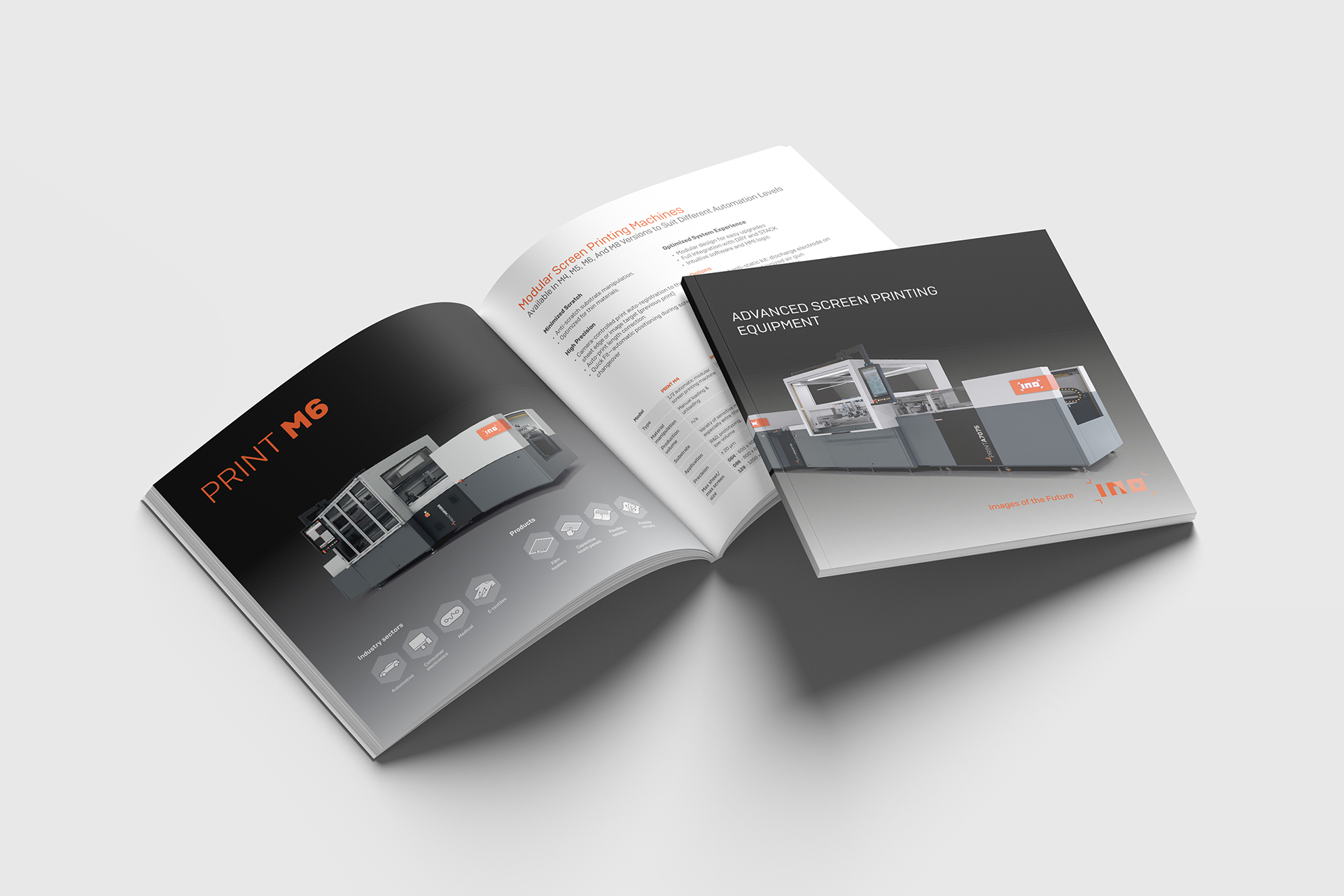 A visualisation of INO corporate identity graphic design in use, the company product catalogue.