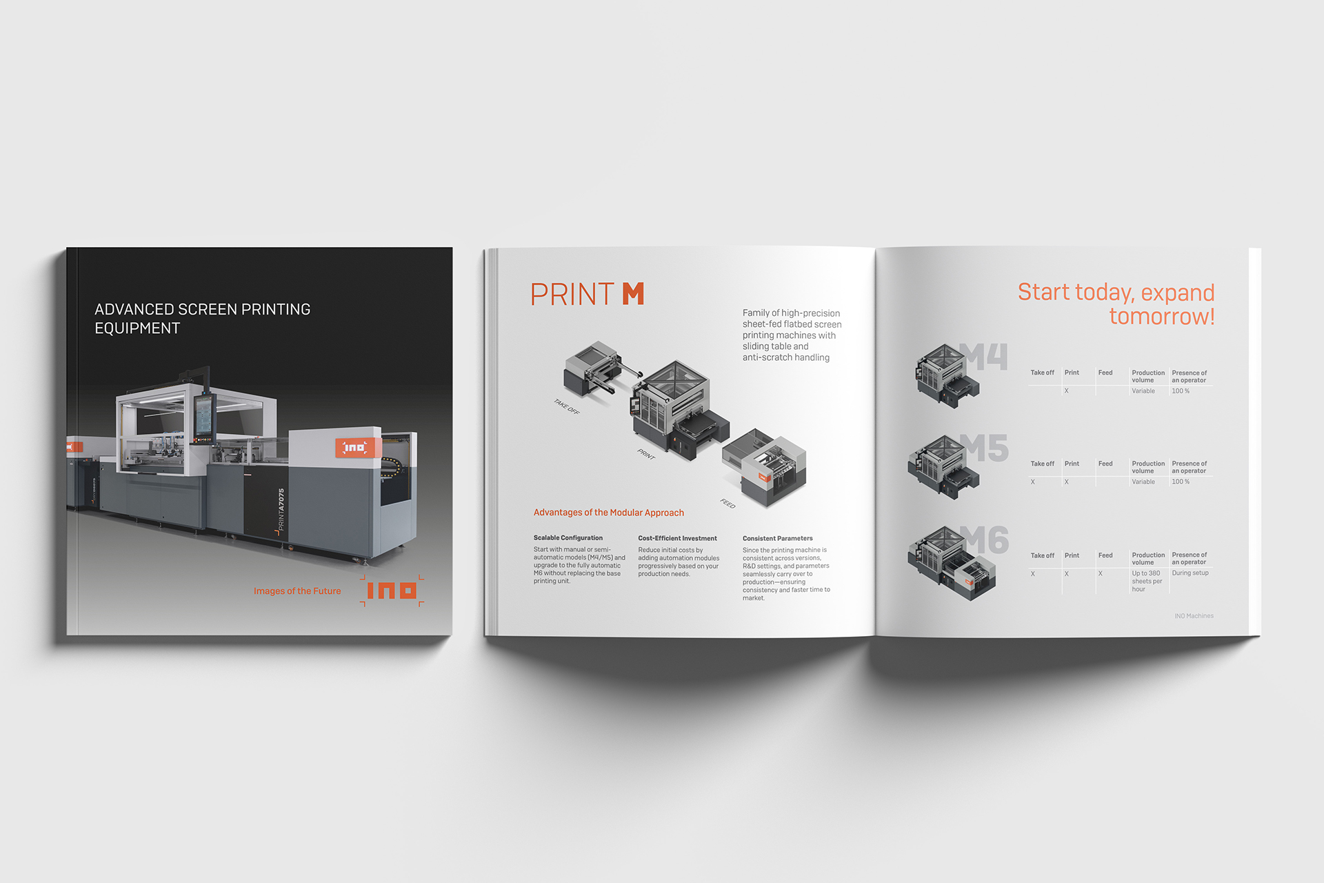 A visualisation of INO corporate identity graphic design in use, the company product catalogue.